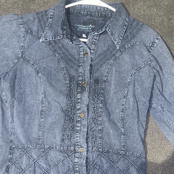 Large 100% Cotton Blue Denim Button-Up Shirt Boho tribal vibes super cute - Picture 13 of 17
